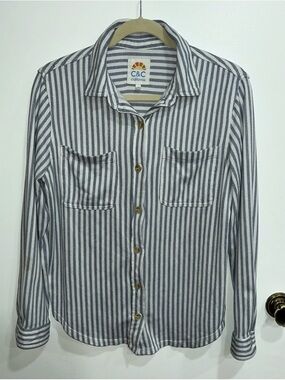 C&C California Navy and White Vertical Stripe Button-Down Blouse